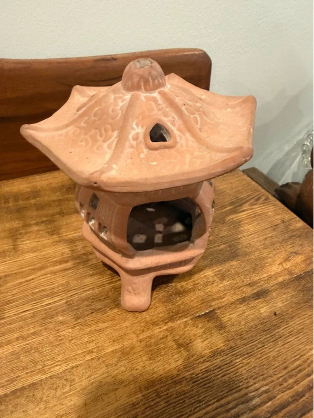 Vintage Terracotta Pagoda Lantern Candle Holder, Unglazed Clay, Three Feet